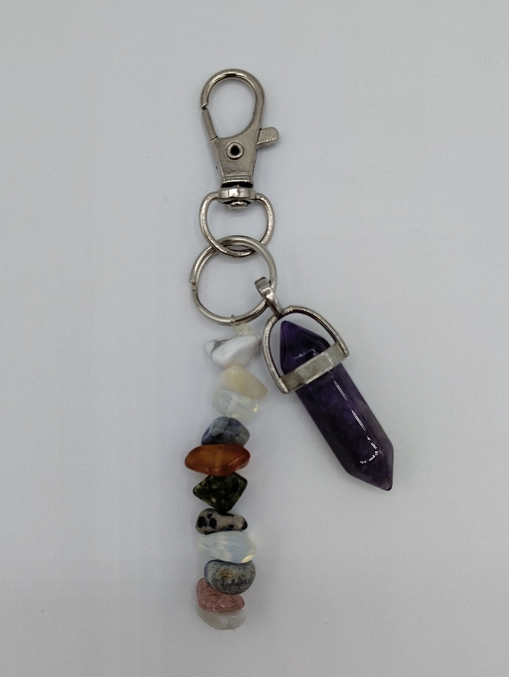 Handcrafted Amethyst Point Crystal Keychain with Multicolor Gem Chips
